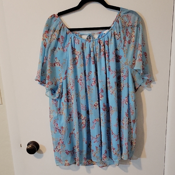 LC Lauren Conrad Tops - LC Lauren Conrad Blue, Red, Pink and Yellow Flutter Sleeve Blouse